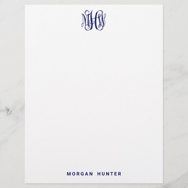 Navy 3 Initial Vine Script Monogram DIY BG Custom Letterhead (Front)