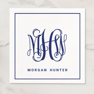 Navy 3 Initial Vine Script Monogram DIY BG Napkin
