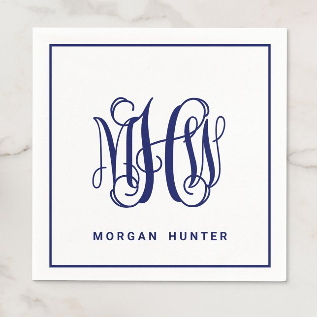 Navy 3 Initial Vine Script Monogram DIY BG Napkin (Creator Uploaded)