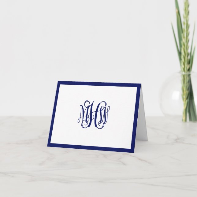Navy 3 Initial Vine Script Monogram DIY BG Note Card (Front)