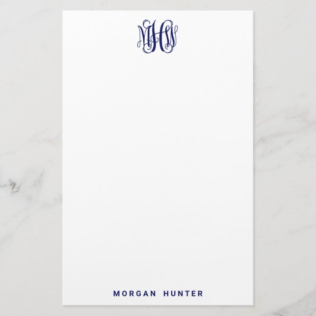 Navy 3 Initial Vine Script Monogram DIY BG Stationery (Front)