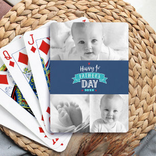 Navy 3 Photo Happy 1st Father’s Day Modern Cool Playing Cards