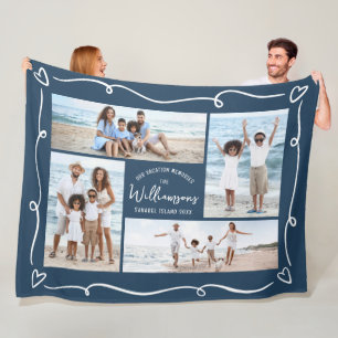 Navy 4 Photo Hand Drawn Doodles Family Vacation Fleece Blanket