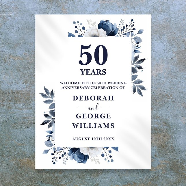 Navy 50th Wedding Anniversary Floral Welcome Sign (Navy 50th Wedding Anniversary Floral Welcome Sign)
