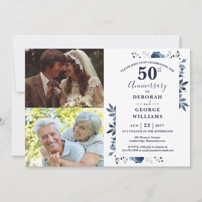 Navy 50th Wedding Anniversary Then & Now 2 Photo Invitation (Front)