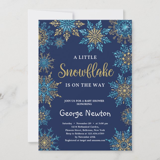 Navy a little snowflake is on the way baby shower invitation (Front)