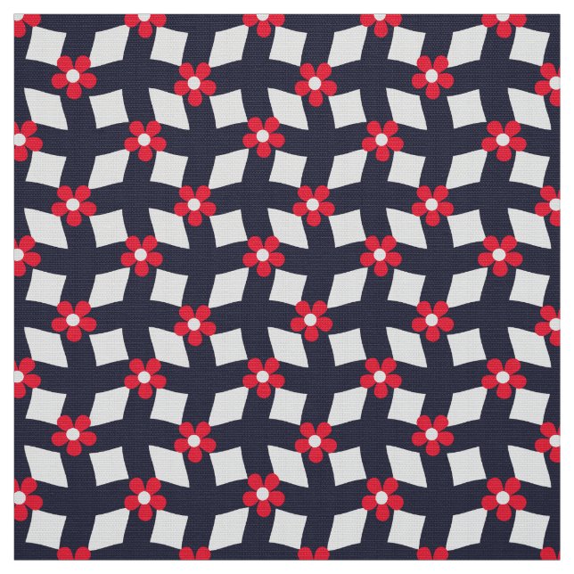 Navy Abstract Floral Grid - Poplin Fabric (Swatch)