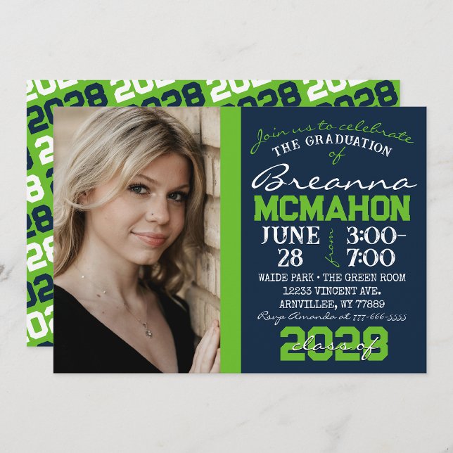 Navy & Action Green Graduation Photo Invitation (Repeating Class Year Chalkboard Graduation Photo Invitations)