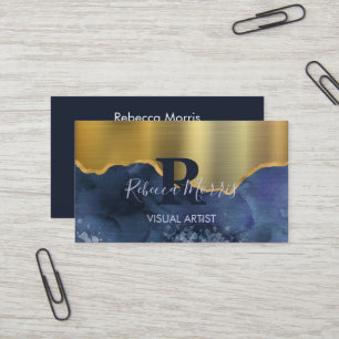 Navy Agate Brushed Gold Metal Business Card