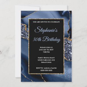 Navy Agate Gold Glitter Glam 30th Birthday Invitation