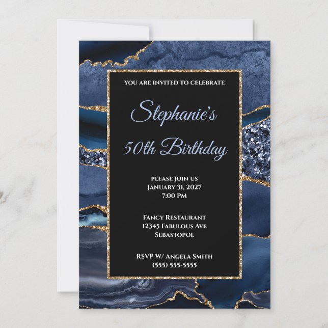 Navy Agate Gold Glitter Glam 50th Birthday Invitation (Front)