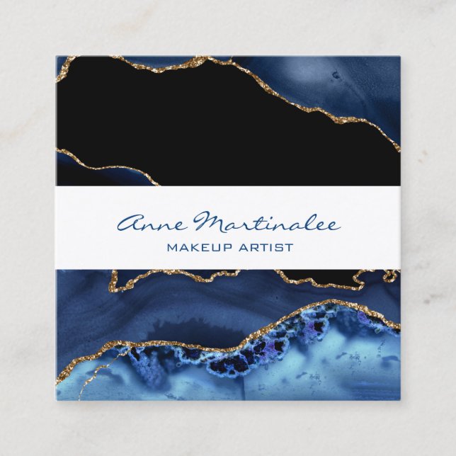 Navy Agate Gold Glitter Square Business Card (Front)