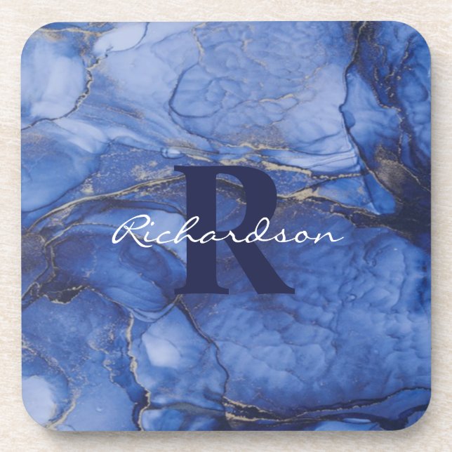 Navy Agate Monogram and Name Marble Luxury  Coaster (Front)