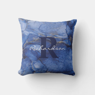 Navy Agate Monogram and Name Marble Luxury  Cushion