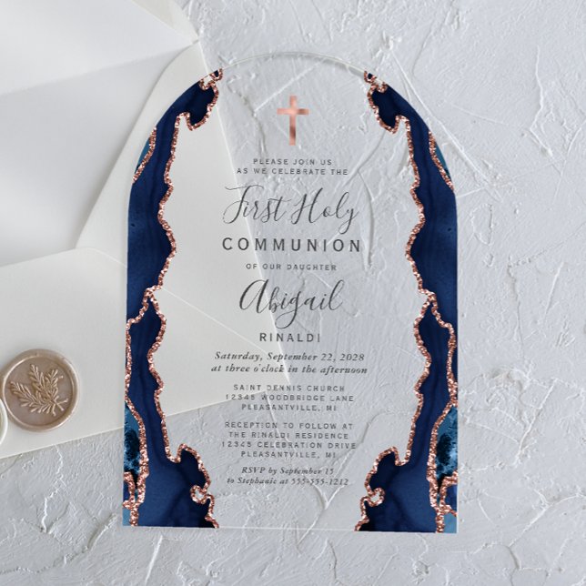 Navy Agate Rose Gold Arch First Holy Communion Acrylic Invitations (Creator Uploaded)