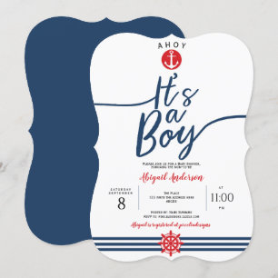 Navy, Ahoy its a boy, Modern, Stripes, Baby Boy Invitation
