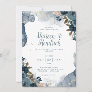 Navy Alcohol Ink Floral Background wedding  Invitation