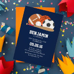 Navy All Star Sports Themed Birthday Party Invitation<br><div class="desc">This super fun birthday invitation is perfect for the little athlete in your life. Looking for a custom colour? Send us a message to heartlockedstudio@gmail.com and I'll be happy to help. Or click the CUSTOMIZE IT! button and let your imagination run free! Get ready to score big with our Navy...</div>