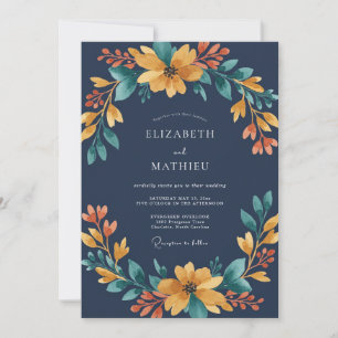 Navy Amber Watercolor Wedding Invitation