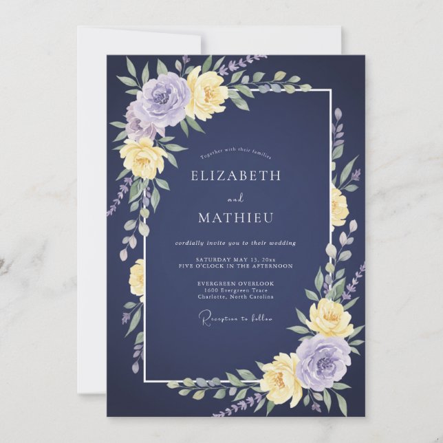 Navy Amethyst Botanical Wedding Invitation (Front)