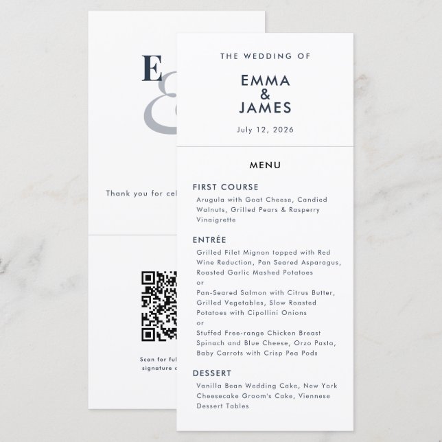 Navy Ampersand Wedding | QR Code | Elegant Menu (Front/Back)