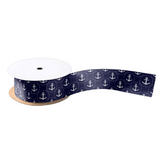 Navy anchor circle pattern satin ribbon