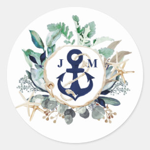 Navy Anchor Monogram Greenery Wreath Wedding Classic Round Sticker