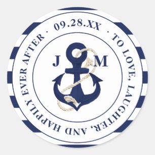 Navy Anchor Monogram Happily Ever After Wedding Classic Round Sticker