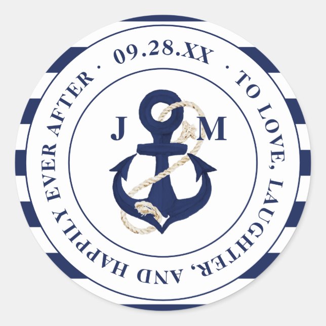 Navy Anchor Monogram Happily Ever After Wedding Classic Round Sticker (Front)