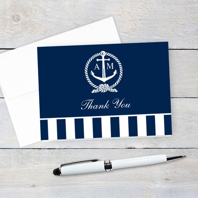 Navy Anchor Monogram Nautical Stripe Wedding Thank You Card (Creator Uploaded)