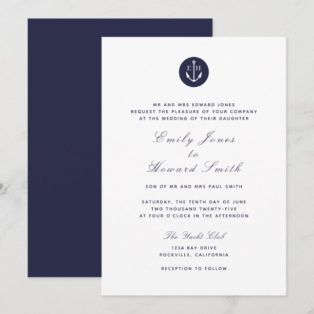 Navy Anchor Monogram Wedding Invitations (Front/Back)