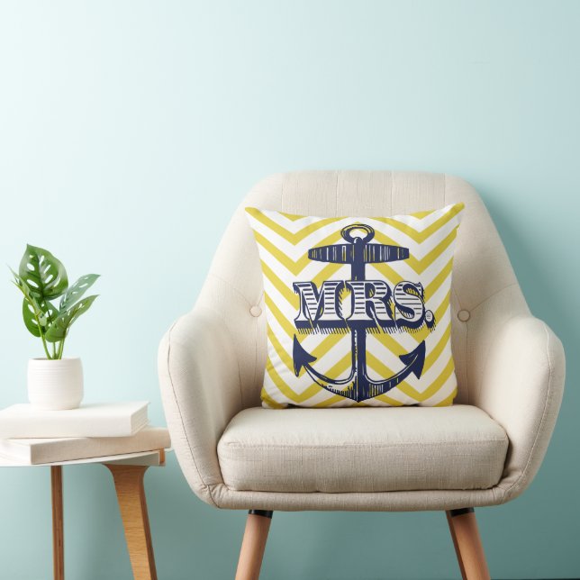 Navy Anchor Mrs Bride Zig Zag Pattern Bride Pillow (Chair)