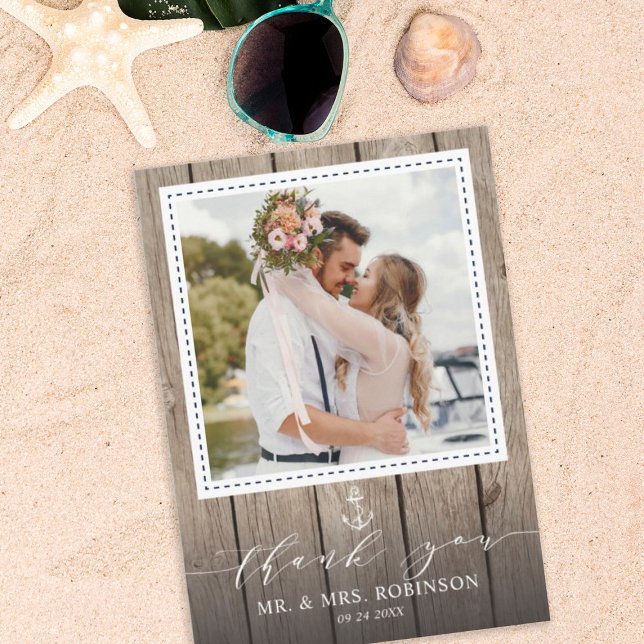 Navy Anchor Nautical Rustic Wood Wedding Photo Thank You Card (Creator Uploaded)