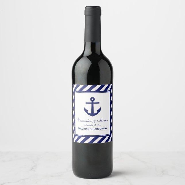 Navy Anchor Navy Frame #2 White Stripe Diag DIY BG Wine Label (Front)