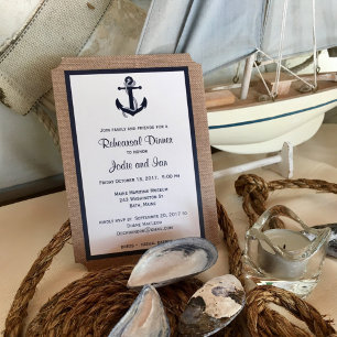 Navy Anchor On Burlap Nautical Rehearsal Dinner Invitation