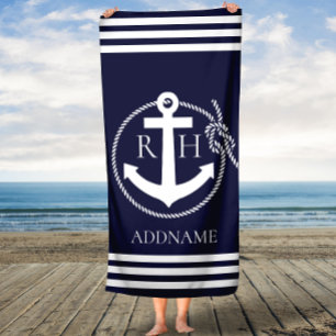 Navy Anchor Personalised Monogram Bath Towel