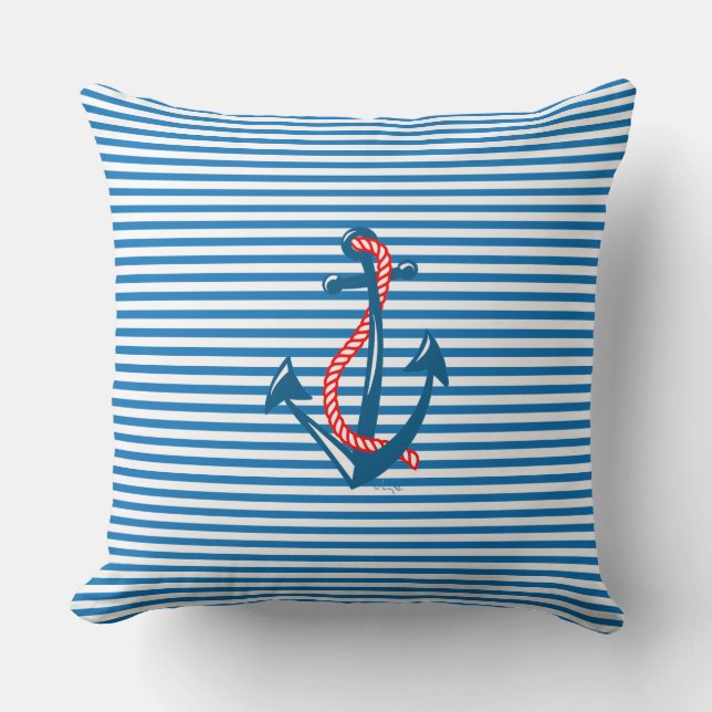 Navy Anchor, red Rope and blue Stripes Cushion (Front)