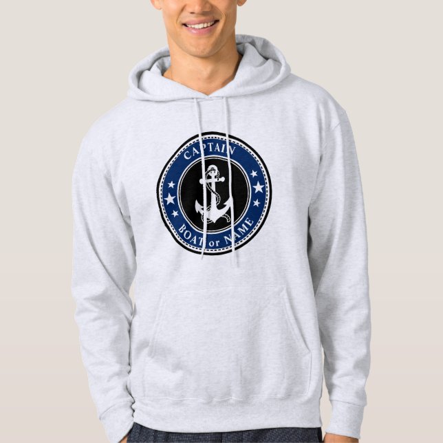 Navy Anchor & Rope Captain Name or Boat Blue Grey Hoodie (Front)