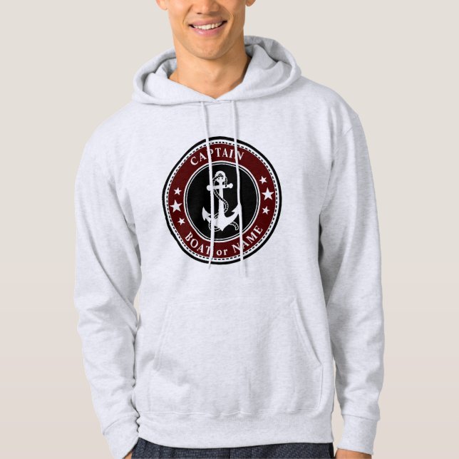 Navy Anchor & Rope Captain Name or Boat Red Grey Hoodie (Front)