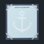 Navy Anchor & Rope Nautical Add Your Name Notepad<br><div class="desc">Nautical notepad in shades of blue with navy blue border, white rope details, a pale anchor, and your name. Jot down notes and things to remember in this anchor themed notepad with nautical colours and personalised with your name. A notepad for the captain in your life with rope, an anchor...</div>