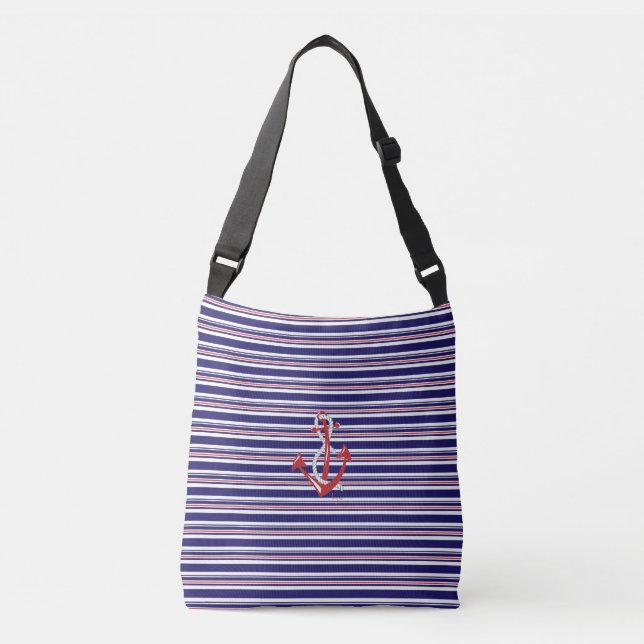 Navy Anchor, Rope, Red, Blue Stripes Pattern Crossbody Bag (Front)