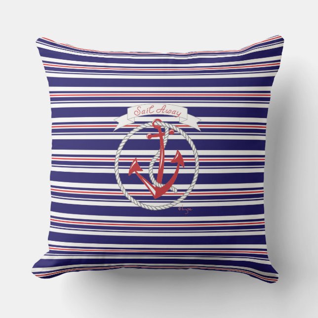 Navy Anchor, Rope, Red, Blue Stripes Throw Pillow (Front)