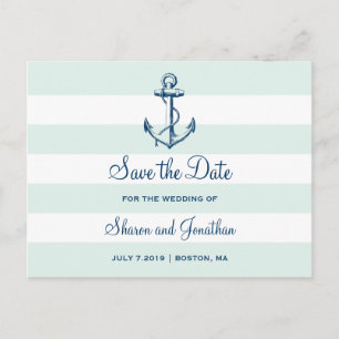 Navy Anchor & Stripes Beach Wedding Save the Date Announcement Postcard