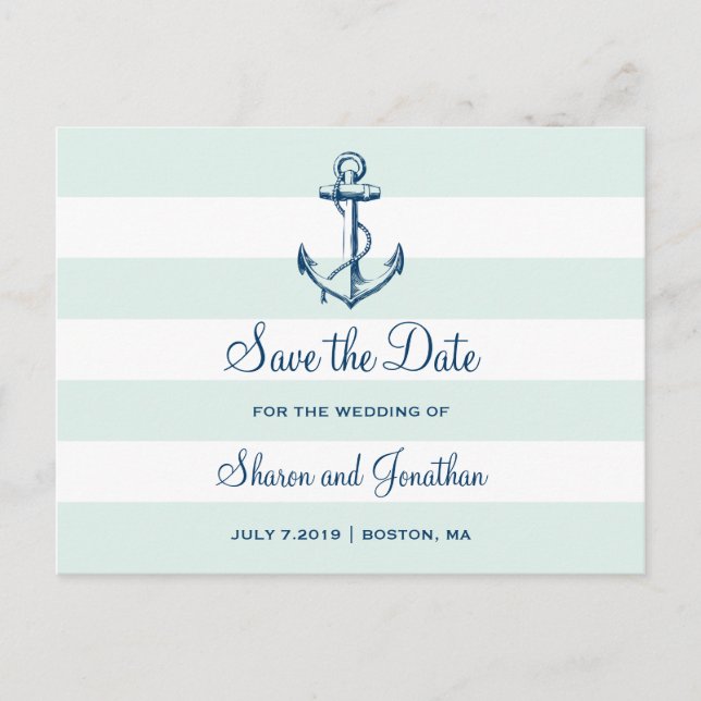 Navy Anchor & Stripes Beach Wedding Save the Date Announcement Postcard (Front)