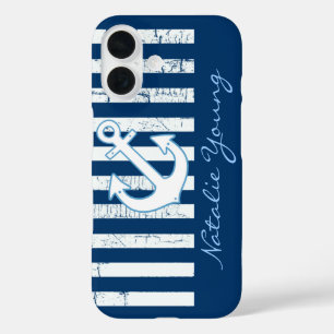 Navy Anchor & Stripes personalised iPhone 16 Case