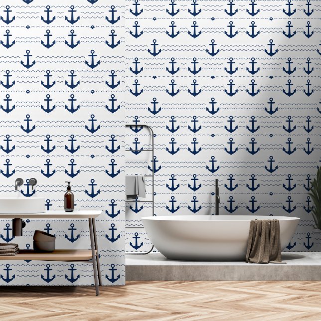 Navy Anchor Wave Nautical Wallpaper (Bathroom)