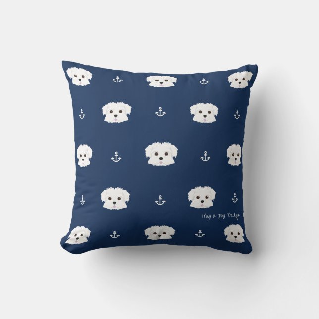 Navy Anchors Maltipoo Puppy Throw Pillow (Front)