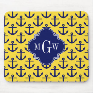 Navy Anchors Pineapple BG, Navy 3 Initial Monogram Mouse Mat