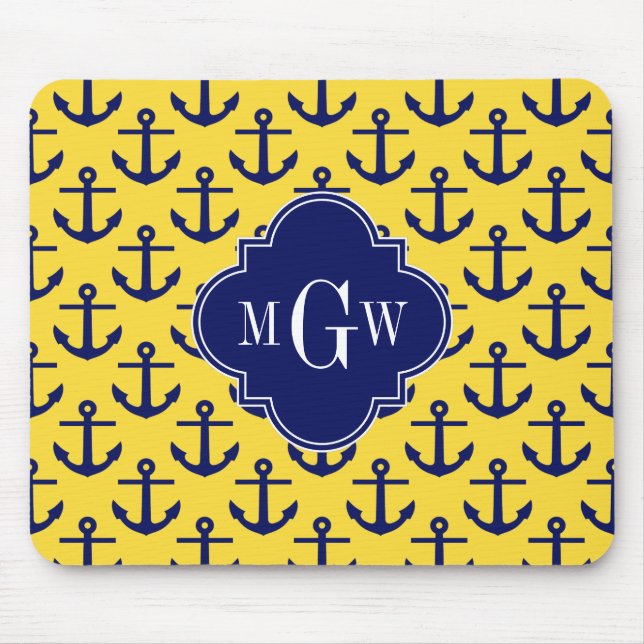 Navy Anchors Pineapple BG, Navy 3 Initial Monogram Mouse Mat (Front)