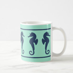 Navy and Aqua Sea Horses Coffee Mug